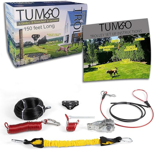 Tumbo Xtreme Trolley 150ft - Anti-Shock Aerial Dog Runner for Yard - Heavy Duty Pulley - Large Dog Gear - Best Dog Run Zipline for Backyards - Trolley System Camping - 100ft / 150ft / 200ft