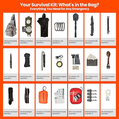 Emergency Survival & First Aid Kit & Tourniquet - 250 PCS Go Bugout Bag Survival Gears with Compass Flashlight Shovel - Tactical Military Grade EDC Backpack for Outdoor Camping Scout