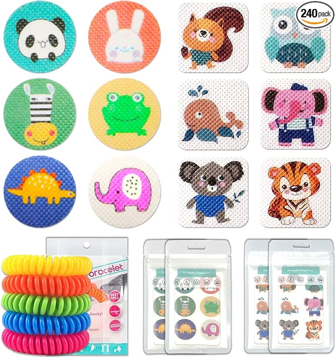 Mosquito Repellent Stickers 240 Pcs Natural Mosquito Patches for Kids and Adults with 5 Pack Individually Wrapped Mosquito Repellent Bracelets for Outdoor Camping Traveling Fishing