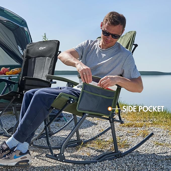 PORTAL Oversized Folding Rocking Camping Chair Portable Outdoor Rocker with High Back Hard Armrests Carry Bag, Supports 400 lbs