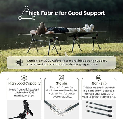 OneTigris SUPRANUBIS Camping Cot, Height Adjustable with Cot Leg Extenders, Strong Support 330lbs, Portable Folding Bed for Camping, Hiking, Travel, Truck, Beach, Office Nap (Ranger Green)
