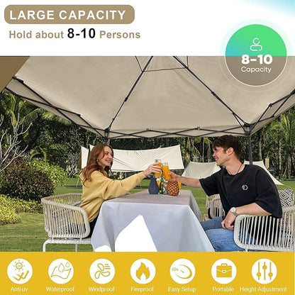 KAMPKEEPER 10x10 Pop Up Canopy Tent with 2 Sidewalls - Waterproof Outdoor Shelter for Sun Shade, Camping, Beach, Patio and Backyard Events, Khaki