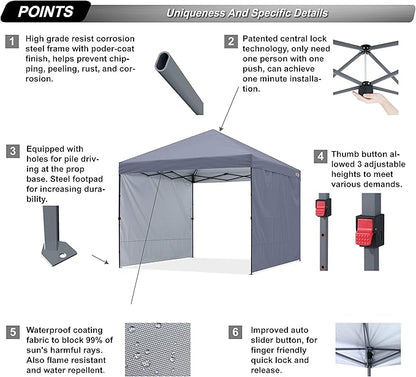 ABCCANOPY Easy Pop up Canopy Tent with 2 Sidewalls for Outdoor Sun Blocking or Rain Protection,10x10, Gray