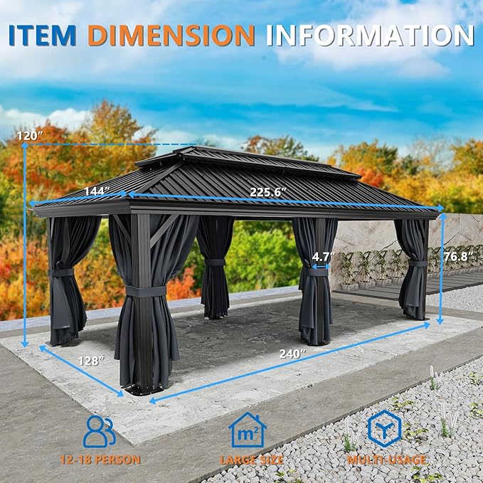 HOTEEL 12x20 Hardtop Gazebo with Metal Roof & Drainage System, Heavy Duty Galvanized Steel Gazebo with Reinforced Aluminum Frame, Privacy Curtains and Netting, for All-Weather, Black (2025 Upgraded)