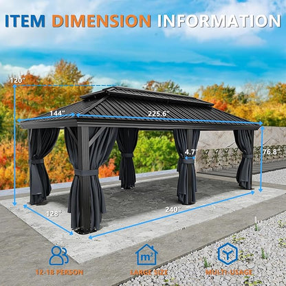 HOTEEL 12x20 Hardtop Gazebo with Metal Roof & Drainage System, Heavy Duty Galvanized Steel Gazebo with Reinforced Aluminum Frame, Privacy Curtains and Netting, for All-Weather, Black (2025 Upgraded)