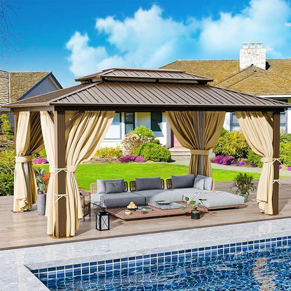 HOTEEL 10x12 Hardtop Gazebo on Clearance with Heavy Duty Galvanized Steel Double Metal roof,Aluminum Frame,Patio Gazebo with Curtains and Netting,Outdoor Permanent Pavillon for Backyard,Bronw
