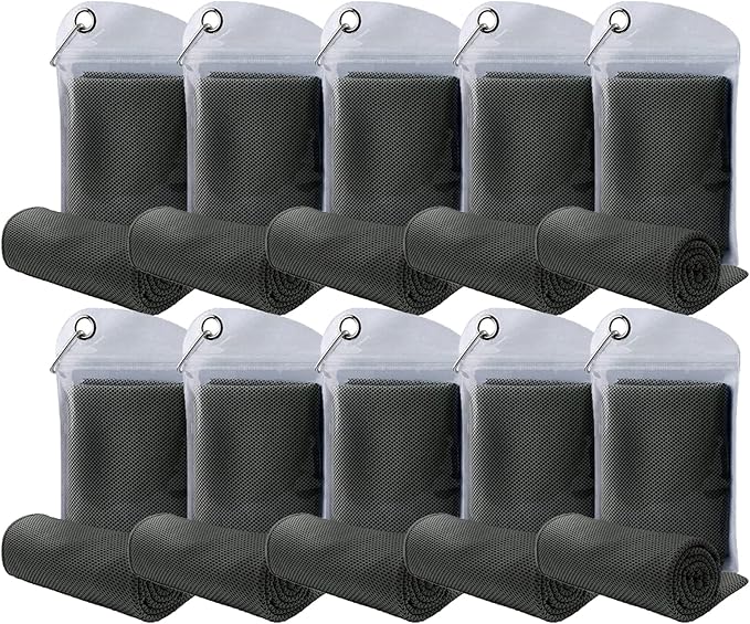 10 Pack Cooling Towel Bulk Microfiber Ice Towel Quick Dry Breathable Chilly Sweat Towel Stay Cool Towel for Neck Face Yoga Gym Workout Running Pilates Beach with Carabin Bag, 40x12'',Dark Grey
