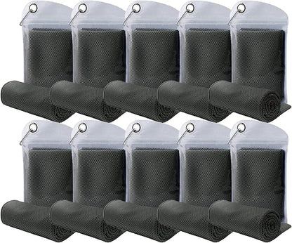 10 Pack Cooling Towel Bulk Microfiber Ice Towel Quick Dry Breathable Chilly Sweat Towel Stay Cool Towel for Neck Face Yoga Gym Workout Running Pilates Beach with Carabin Bag, 40x12'',Dark Grey