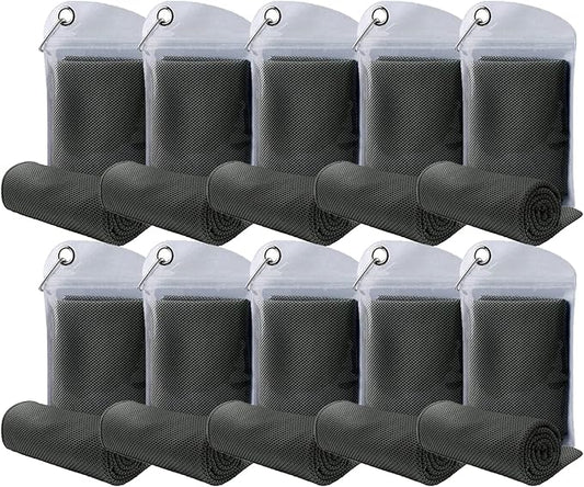 10 Pack Cooling Towel Bulk Microfiber Ice Towel Quick Dry Breathable Chilly Sweat Towel Stay Cool Towel for Neck Face Yoga Gym Workout Running Pilates Beach with Carabin Bag, 40x12'',Dark Grey