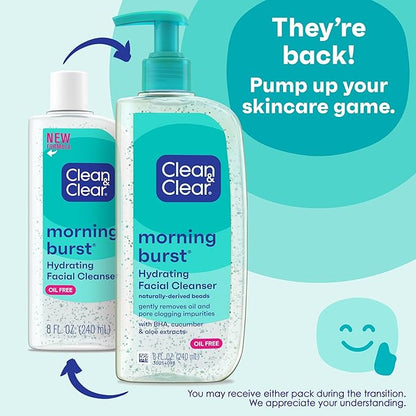 Clean & Clear Morning Burst Oil-Free Hydrating Facial Cleanser with BHA, Cucumber & Aloe Extracts, Face Wash Gently Removes Oil & Pore Clogging Impurities, 8 fl. oz