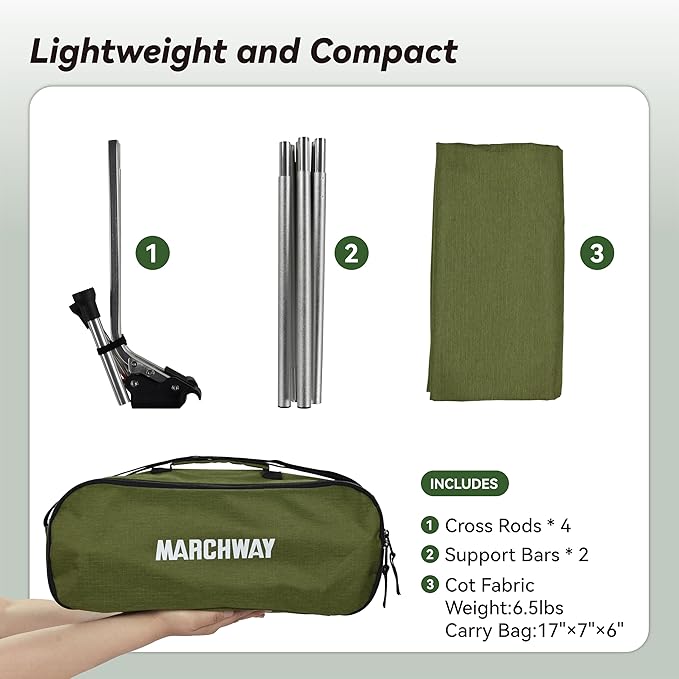MARCHWAY Lightweight Folding Tent Camping Cot Bed with Lever Lock, Easy Setup Portable Compact for Outdoor Travel, Hunting, Hiking, Motorcycling, Support 330Lbs (Army Green)