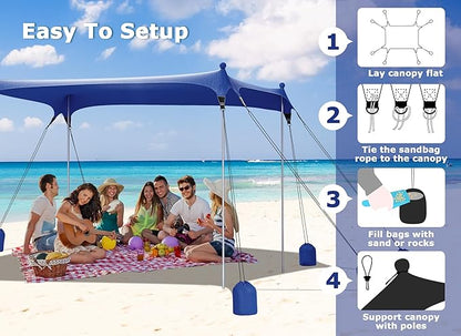 Gorich Beach Tent Sun Shelter with 8 Sandbags, UPF50+ Protection & Windproof Pop Up Beach Canopy Tent Sun Shade for Family, Travel & Camping, Easy Setup Canopy Umbrella