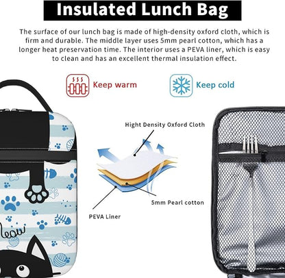 Black Cat Lunch Box for Kids Boys Girls, Blue and White Striped Cat Paws Insulated Lunch Bag for Women Men, Leakproof Durable Lunch Cooler for School Work Picnic