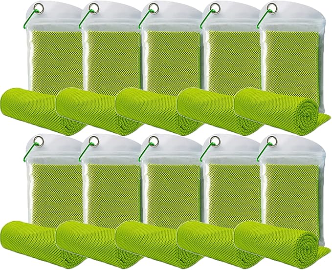 10 Pack Cooling Towels Bulk Microfiber Ice Towel Quick Dry Breathable Chilly Sweat Towel Stay Cool Towel for Neck Face Yoga Gym Workout Running Pilates Beach with Carabin Bag, 40x12'', Green