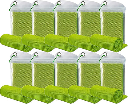 10 Pack Cooling Towels Bulk Microfiber Ice Towel Quick Dry Breathable Chilly Sweat Towel Stay Cool Towel for Neck Face Yoga Gym Workout Running Pilates Beach with Carabin Bag, 40x12'', Green