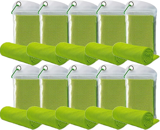10 Pack Cooling Towels Bulk Microfiber Ice Towel Quick Dry Breathable Chilly Sweat Towel Stay Cool Towel for Neck Face Yoga Gym Workout Running Pilates Beach with Carabin Bag, 40x12'', Green