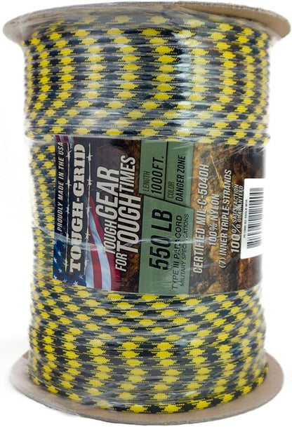TOUGH-GRID Premium Danger Zone Paracord 550 lbs Made in USA Outdoor Survival Nylon Rope Tactical Heavy Duty Strands Parachute Cord Used by US Military Type III Mil-Spec