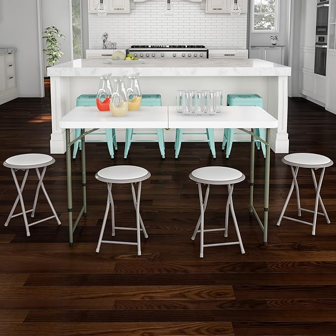 Folding Bar Stool - Heavy-Duty 18-inch Collapsible Padded Round Stool with 300lb Capacity for Dorm, Rec Room, or Game Room by Trademark Home (White)