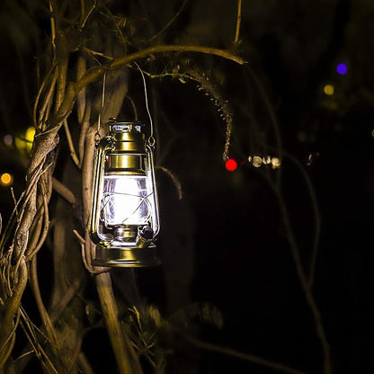 YAKii LED Vintage Metal Hanging Hurricane Lantern - 12 LED Dimmer Switch Cold White Battery Operated for Power Outage Indoor Camping Lighting Outdoor Brooklyn (Silver 2 Pack)