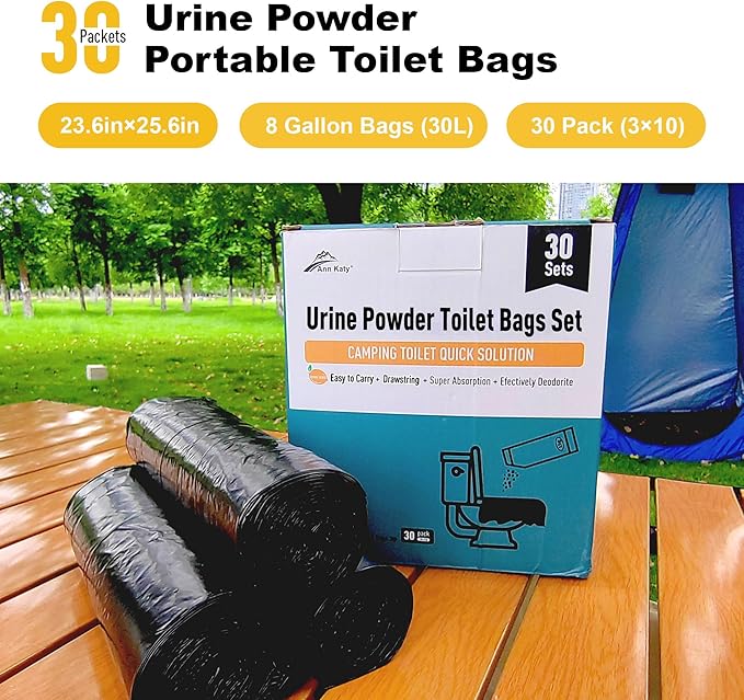Portable Toilet Bags Set 30 Packs,Portable Camping Toilet Chemicals with 5 Gallon Bucket Toilet Luggable Drawstring Bag, Emergency Bag&Potty Urine Powder for Camping Outdoor