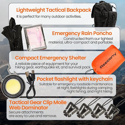 Emergency Survival & First Aid Kit & Tourniquet - 250 PCS Go Bugout Bag Survival Gears with Compass Flashlight Shovel - Tactical Military Grade EDC Backpack for Outdoor Camping Scout