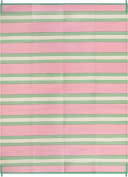 Lahome Striped Outdoor Plastic Straw Rug, Reversible Outdoor Rug Waterproof 9x12 Rugs for Patio, RV Camping Rug Picnic Mat Outside Large Carpet for Beach Deck Backyard Balcony(Pink/Green,9'x 12')