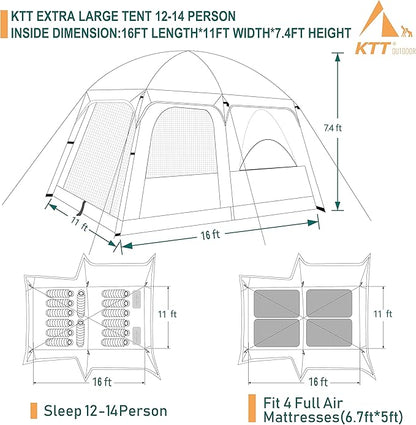 KTT Extra Large Tent 6-10-12-14 Person(Style-B),Family Cabin Tents,2 Rooms,3 Doors and 3 Windows with Mesh,Straight Wall,Waterproof,Double Layer,Big Tent for Outdoor,Picnic,Camping,Family Gathering