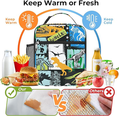 Clastyle Black Dinosaur Insulated Lunch Bag for Kids, Portable Large Thermal Cooler Lunch Bag for Boys, School Lunch Box Bag with Bottle Holder