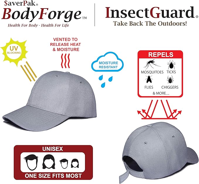 $averPak InsectGuard & BodyForge Mosquitoes Flies Ticks Insect Repellent Mens Womens Hiking Camping and Hunting Baseball Caps
