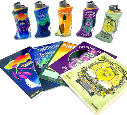 Califari's Toker Poker® 5 Pack- Bic Lighter Sleeve Multi Tool, Strain Art Collection - All Inclusive Tool for Camping with Postcards in Five Unique Designs