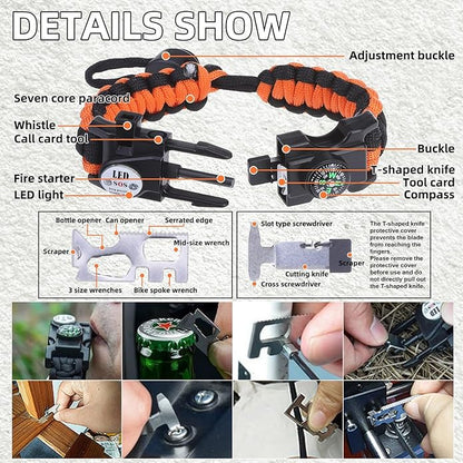 Adjustable Survival Paracord Bracelet, 2 Pack Emergency Fire Starter Kit with Loud Whistle Compass Light Flint Steel for Hiking Fishing Hunting, Tactical Gear Equipment Multitools