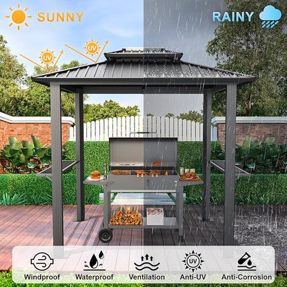 Hoteel 6x8 Hardtop Grill Gazebo, Outdoor Patio BBQ Gazebo with Galvanized Steel Double Roof, Hardtop Barbecue Canopy with 2 Side Shelves for Deck Lawn Backyard Garden,Black