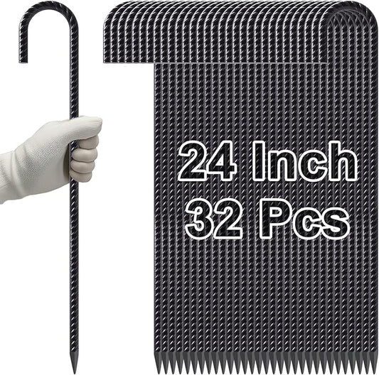 VVOKGO 24 Inches Rebar Stakes Heavy Duty J Hook, Curved Steel Plant Support Garden Stake with Chisel Point end, Hammer Through Hard Soil for Chain Link Fence and Gazebo - Black Coated 32pcs