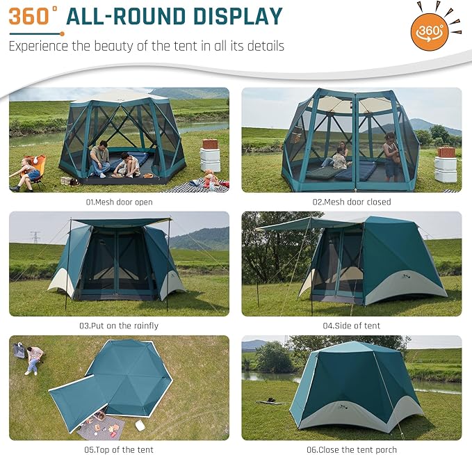 Instant Tents for Camping Pop Up Screen Tent with Rainfly and Porch, 6 Person Large Family Camping Tent with Floor, Easy 60S Setup Hub Tent for Outdoor Picnic Backyard, 11.5'L x 10'W x 6.83'H