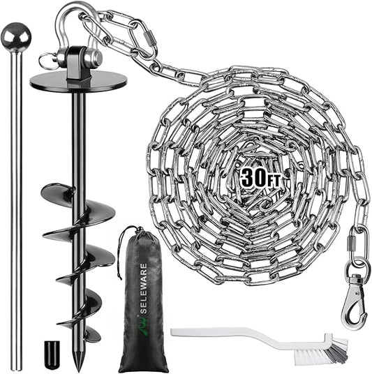 SELEWARE Dog Tie Out Stake Outdoor Anti-Rust Dog Anchor with Stainless Steel Dog Chain Leash for Large Dogs up to 220 lbs, Foldable Dog Stake Dog Camping Gear 30 ft C