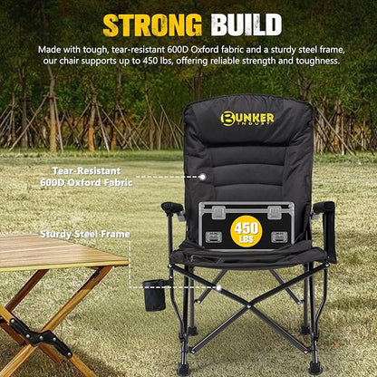 BUNKER INDUST Folding Camping Chair, Oversized with Padded Cushion, Outdoor Chair with Cup Holder Storage Pockets, Adjustable High Backrest Supports 450 LBS for Garden Beach Fishing Lawn