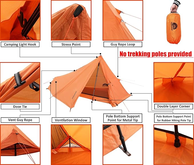 1 Person Trekking Pole Tent for Backpacking - Ultralight Backpacking Tent, Waterproof Hiking Tent for Camping, Lightweight Camping Tent for Scouts, Trekker(NO Trekking Poles)
