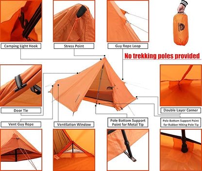1 Person Trekking Pole Tent for Backpacking - Ultralight Backpacking Tent, Waterproof Hiking Tent for Camping, Lightweight Camping Tent for Scouts, Trekker(NO Trekking Poles)