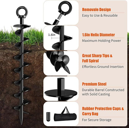 Ground Anchor Screw in, 8 Pack Spiral Trampoline Anchors with Nut and Tool Swing Set Anchors Tent Stakes High Wind Heavy Duty for Sheds, Carports, Mobile Home Black