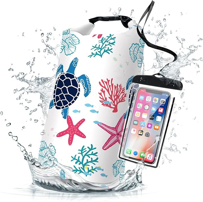Waterproof Dry Bag,Sea Turtle Coral Starfish Small Waterproof Backpack 2L/5L/10L/20L/30L/40L Floating Lightweight Bags for Kayaking, Boating, Fishing, Swimming Camping with Waterproof Phone Case