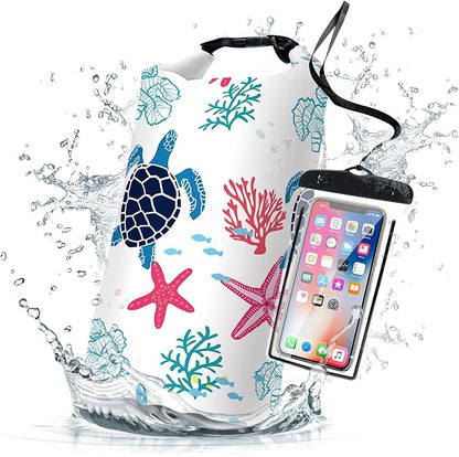 Waterproof Dry Bag,Sea Turtle Coral Starfish Small Waterproof Backpack 2L/5L/10L/20L/30L/40L Floating Lightweight Bags for Kayaking, Boating, Fishing, Swimming Camping with Waterproof Phone Case
