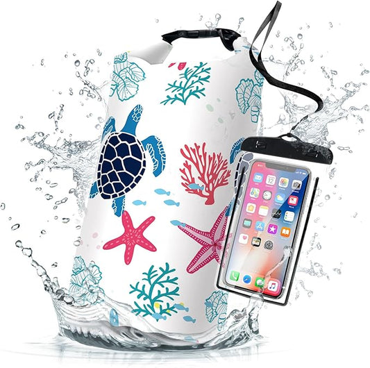 Waterproof Dry Bag,Sea Turtle Coral Starfish Small Waterproof Backpack 2L/5L/10L/20L/30L/40L Floating Lightweight Bags for Kayaking, Boating, Fishing, Swimming Camping with Waterproof Phone Case