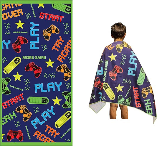Microfiber Beach Towel for Kids - Thin and Large (30"x60") - Gaming - Absorbent, quick dry, sand free, lightweight, blanket - toddler, girls, boys - For Sports, Pool, Picnic, Camping, Travel, Swim