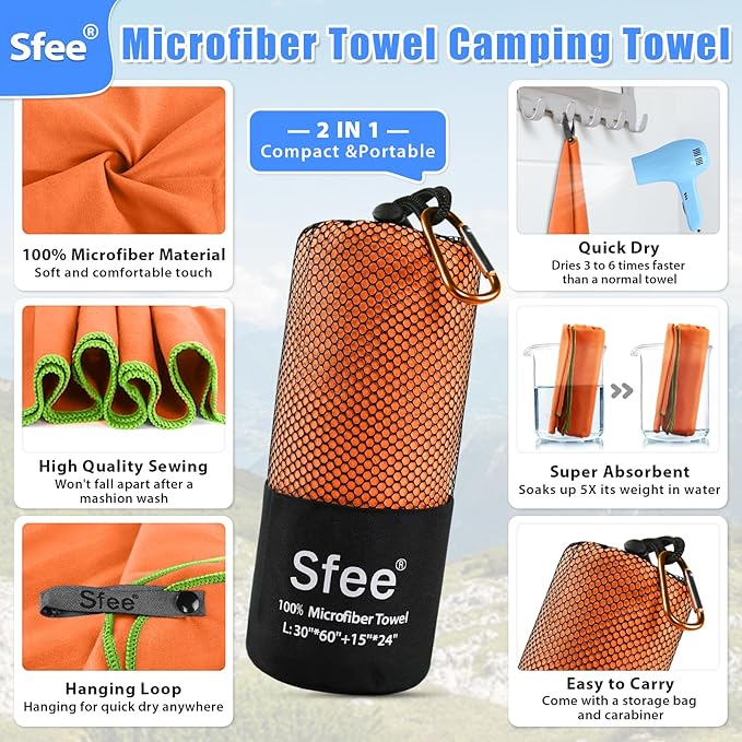 Sfee 2 Pack Microfiber Travel Towel, Quick Dry Towel Camping Towel Super Absorbent Compact Lightweight Sports Towel Swim Towel Gym Towel Beach Towel Set for Gym, Hiking, Pool, Backpacking, Bath, Yoga