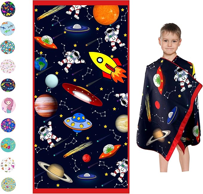 Microfiber Beach Towel for Kids - Thin and Large (30"x60") - Space - Absorbent, quick dry, sand free, lightweight, blanket - toddler, girls, boys - For Sports, Pool, Picnic, Camping, Travel, Swim