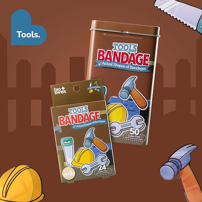 BioSwiss Bandages, Tools Shaped Self Adhesive Bandage, Latex Free Sterile Wound Care, Fun First Aid Kit Supplies for Kids and Adults, 50 Count