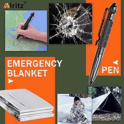 Alritz Emergency Survival Kit, 12 in-1 Outdoor Survival Gear Lifesaving Tools Contains Compass, Fire Starter, Flashlights for Camping Hiking Wilderness Adventures and Disaster Preparedness