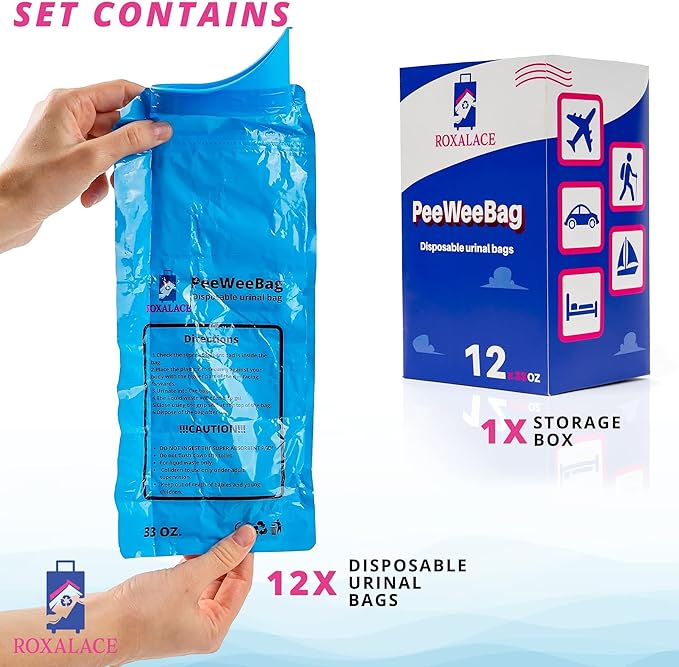 ROXALACE® Resealable Disposable Urinal Bags, 12 Pack 1000 ml Unisex Urine Bag Travel Traffic Jam Emergency Urinals Bag, Camping Pee Bags, Portable Toilet Pee Bags for Men Women Kids Patient