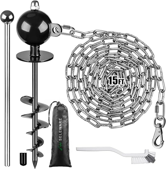 SELEWARE Dog Tie Out Stake Outdoor Anti-Rust Dog Anchor with Stainless Steel Dog Chains for Large Dogs up to 220 lbs, Free Rotation Dog Stake Dog Camping Gear 15 ft Long