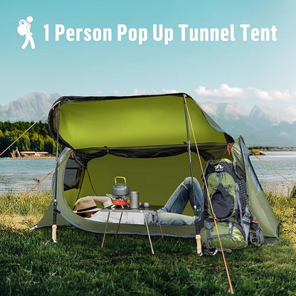 Night Cat Pop-up Camping Tent: 1 Person Tent Waterproof Instant Easy Setup Tunnel Tent Fits with Camping Cot (Excluded)